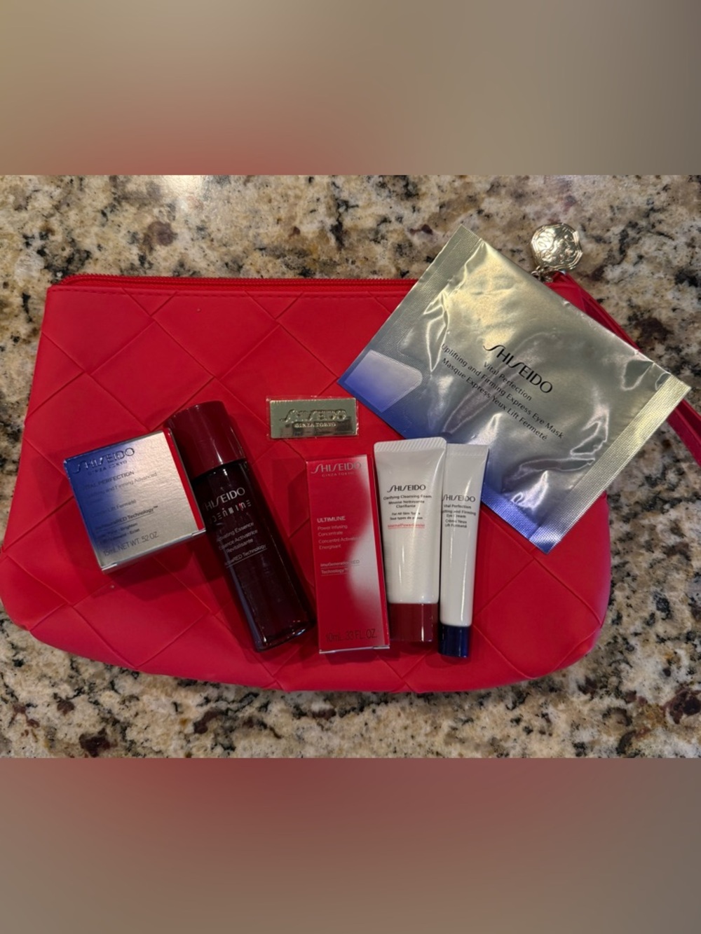 Shiseido Red Quilted Cosmetic Bag with Skincare Travel Set